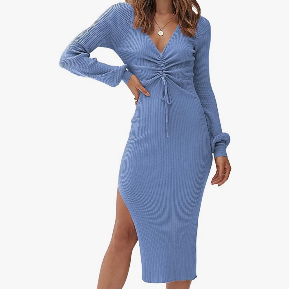 Pretty garden Sweater dress long sleeves midi light blue Sz#L NWT